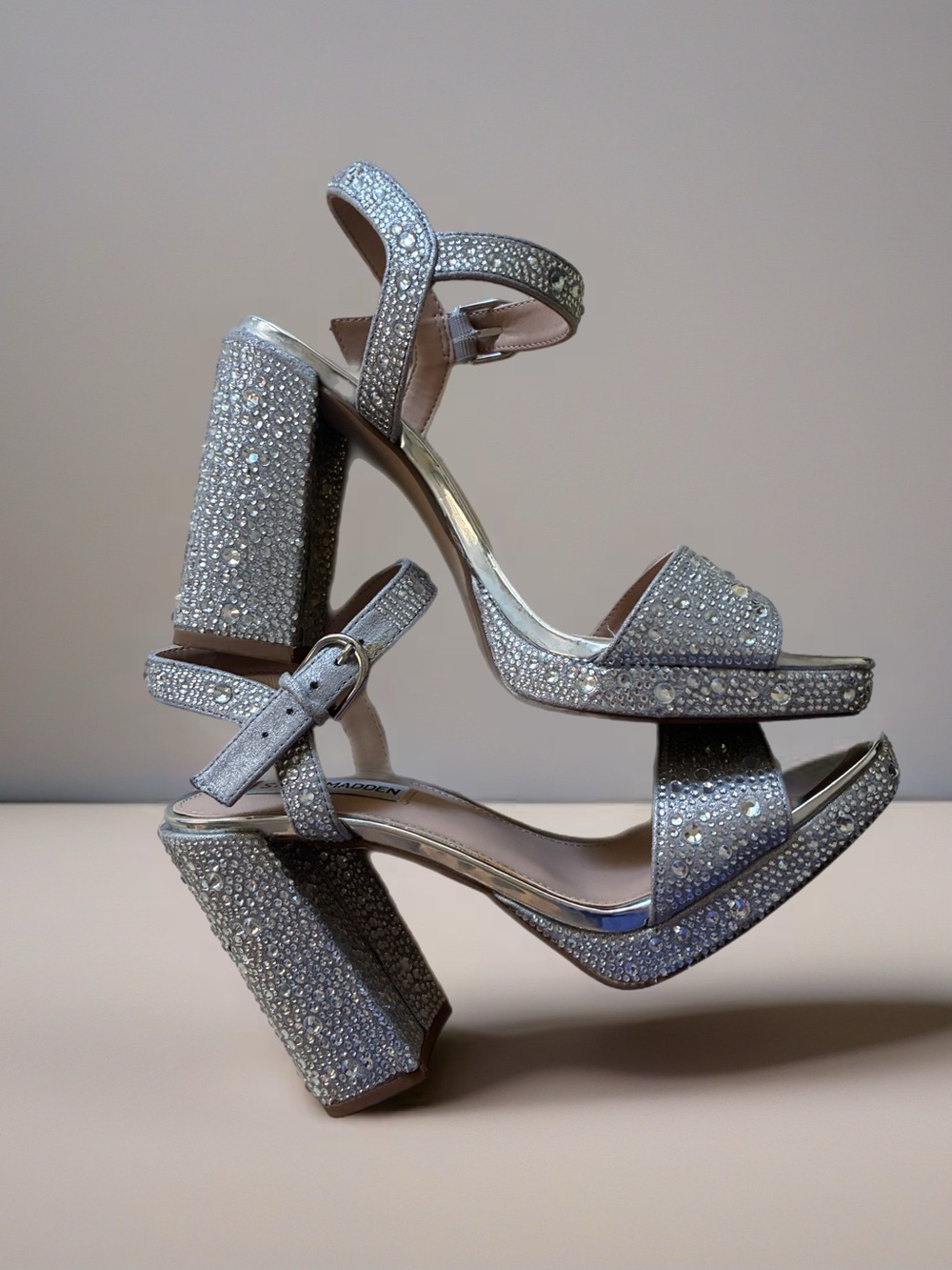 Steve Madden Silver Rhinestone Embellished Block Heel Pumps - Women Size 7